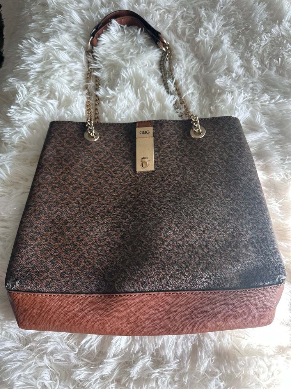 GBG Los Angeles Monogram Tote Satchel with Chain Handles